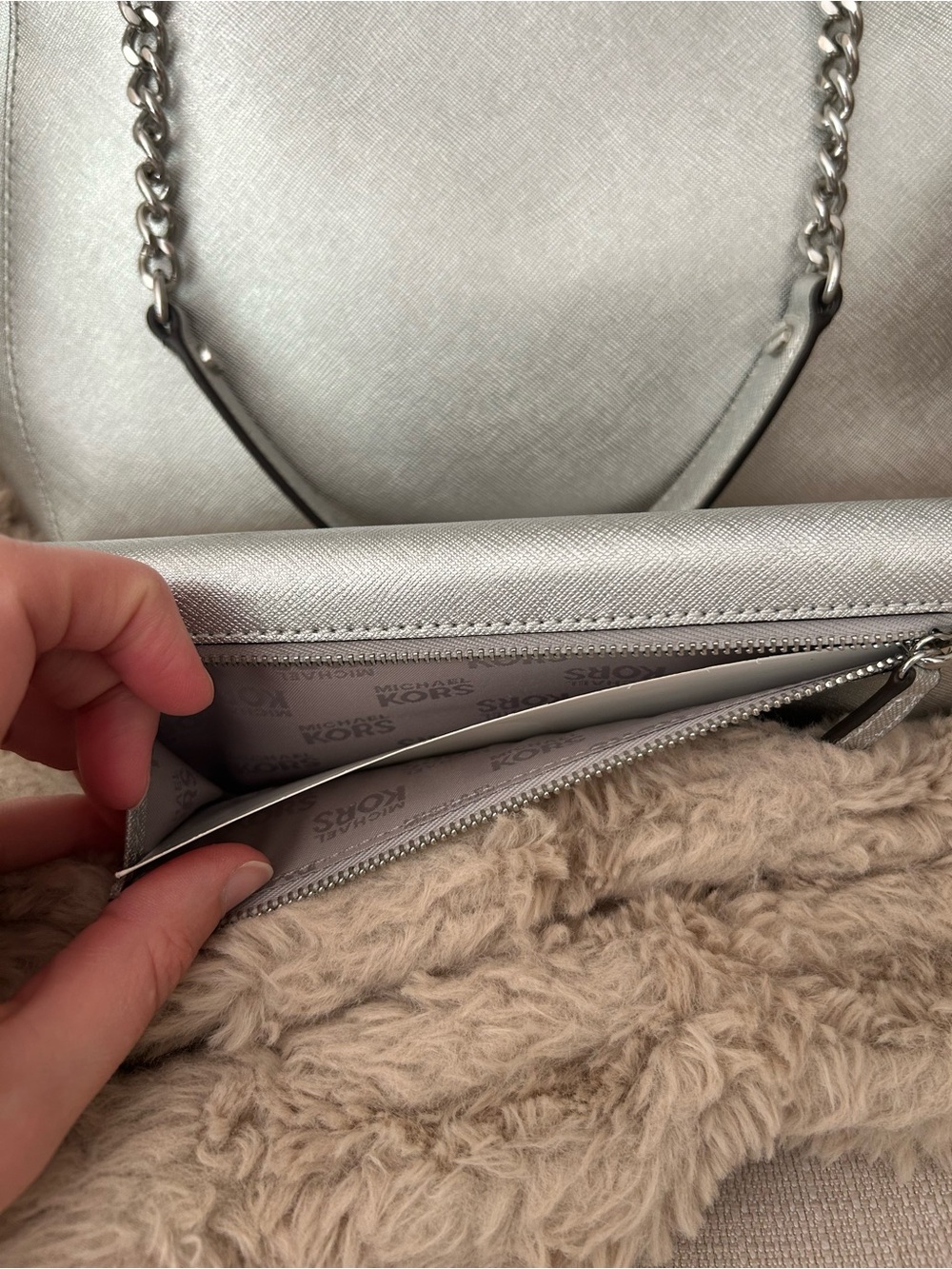 Michael Kors Metallic Silver Saffiano Tote with Matching Wallet - Picture 4 of 16